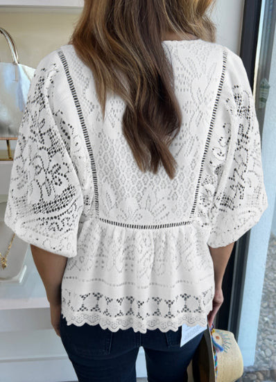 White Lace Crochet Hollowed Scallop Hem V Neck Blouse