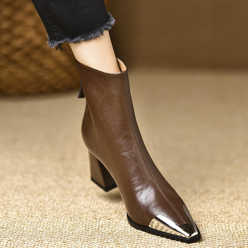 Pointed-toe Chunky-heel Leather Ankle Boots For Women Chic And Vintage