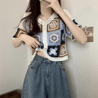 New Version Contrast Color Crocheted Hollow Cardigan Women V-neck Blouse